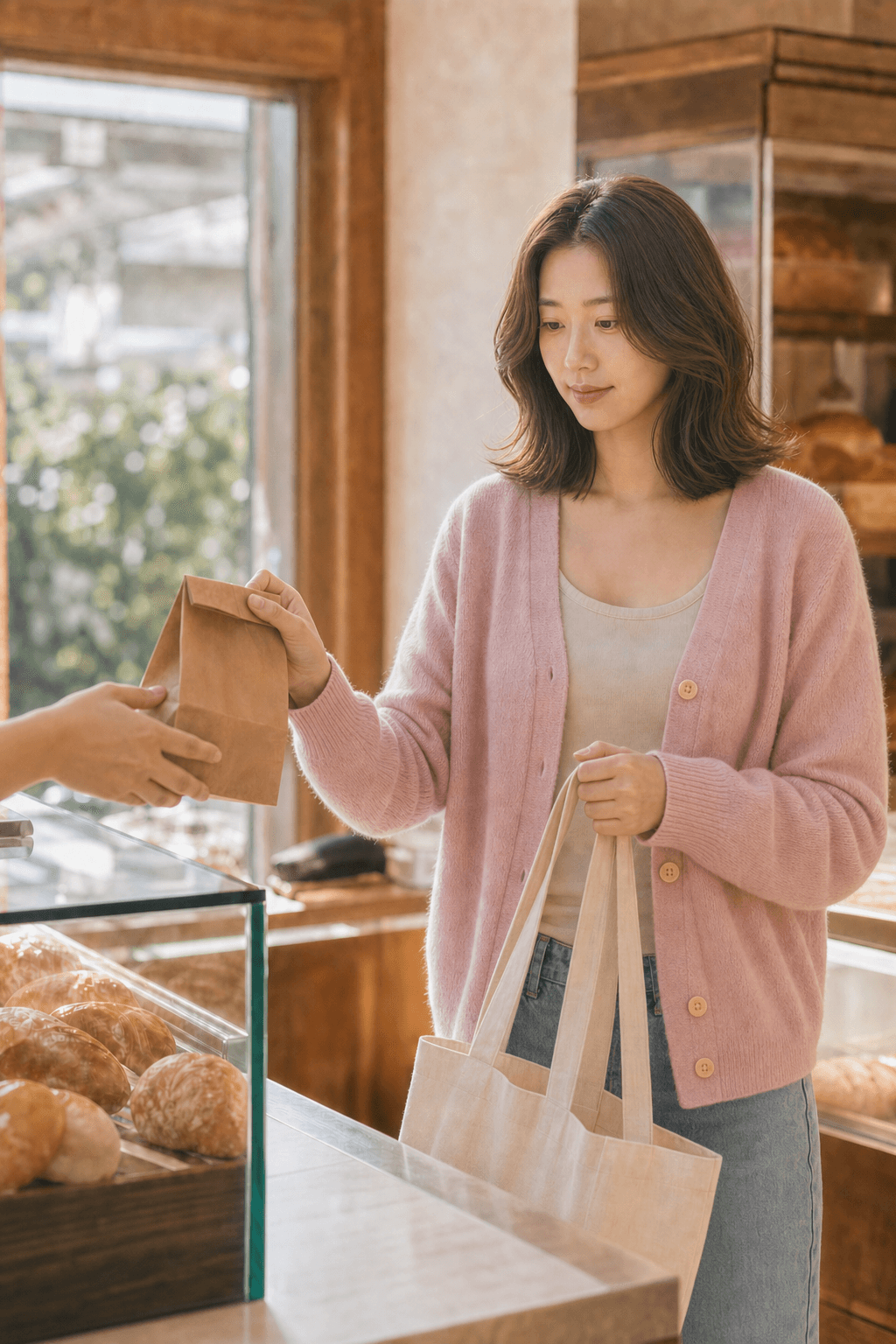 동네 베이커리에서 작은 종이 봉투를 받는 고하루