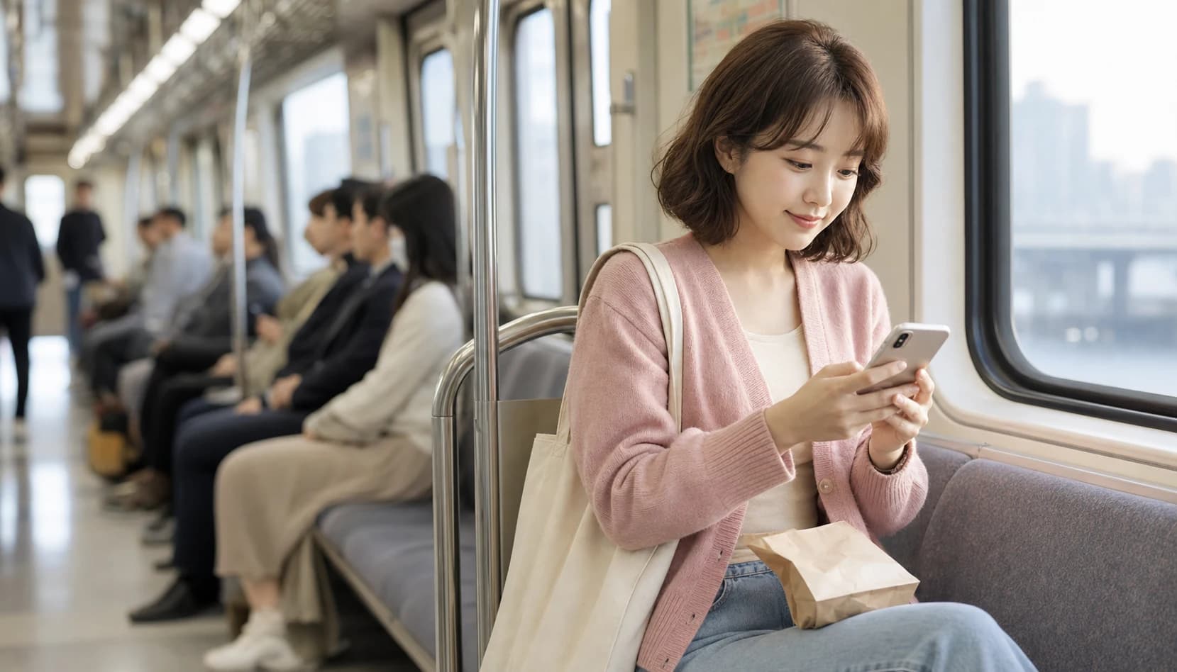 지하철에서 작은 봉투를 들고 스마트폰을 확인하는 고잉 사용자
