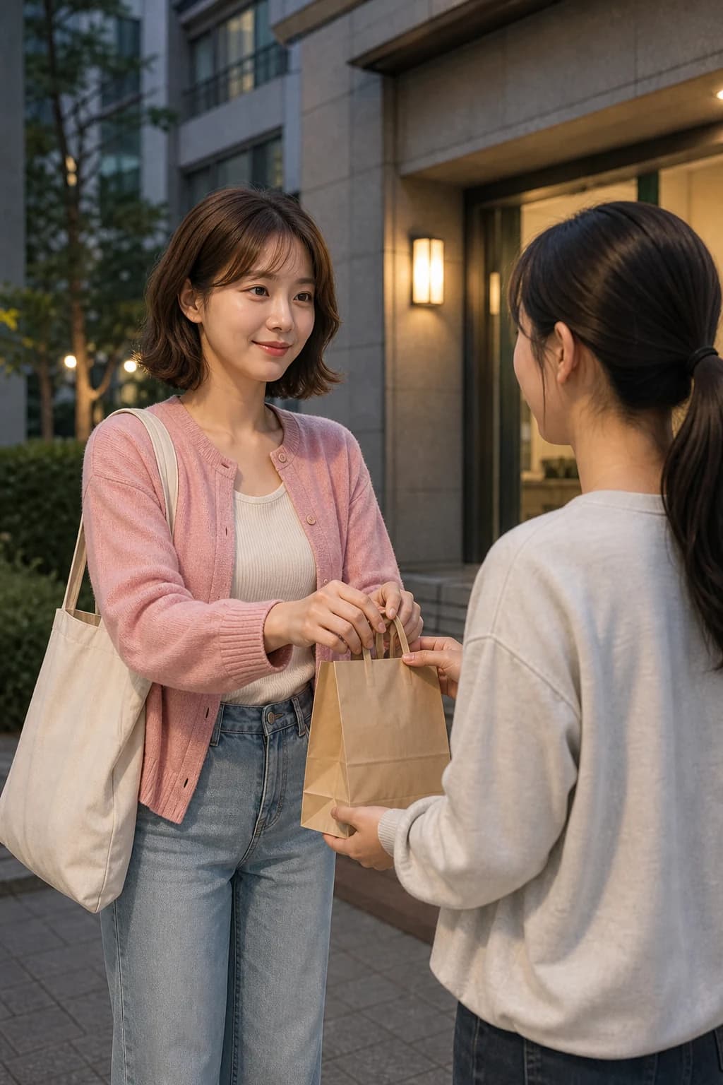 아파트 근처에서 작은 봉투를 건네는 고잉 사용자